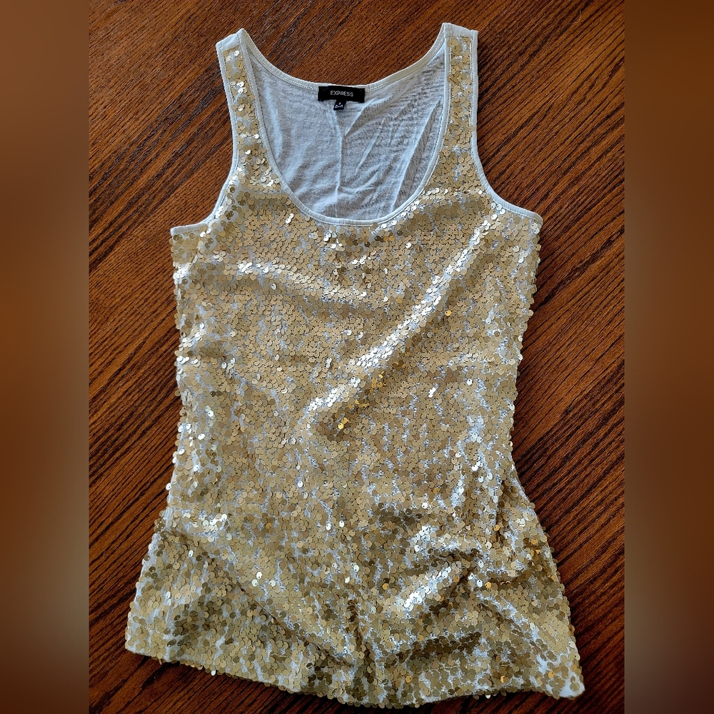 Express Women's Gold Sequin Tank, White, Gold, Sz S